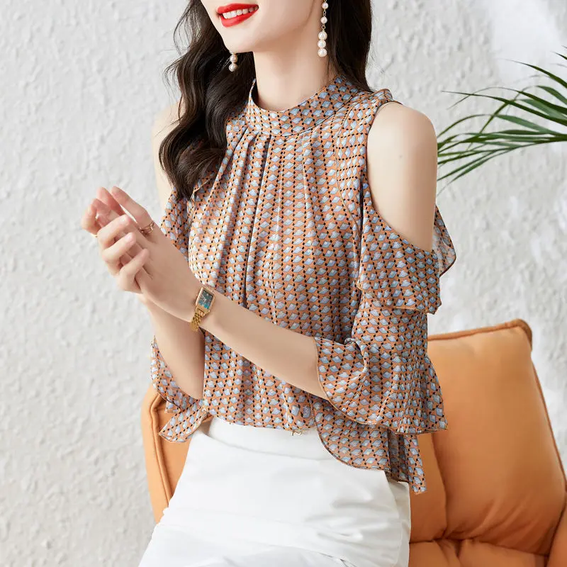 

Vintage Printed Butterfly Sleeve Oversized Off Shoulder Chiffon Blouse Summer Casual Tops Elegant Women's Clothing Commute Shirt