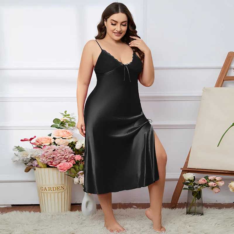 Large size Women Sleepwear Summer Homewear Solid Satin Seemless Midi Nightdress Plus Size Spaghetti Strap Nightgown 60-75kg