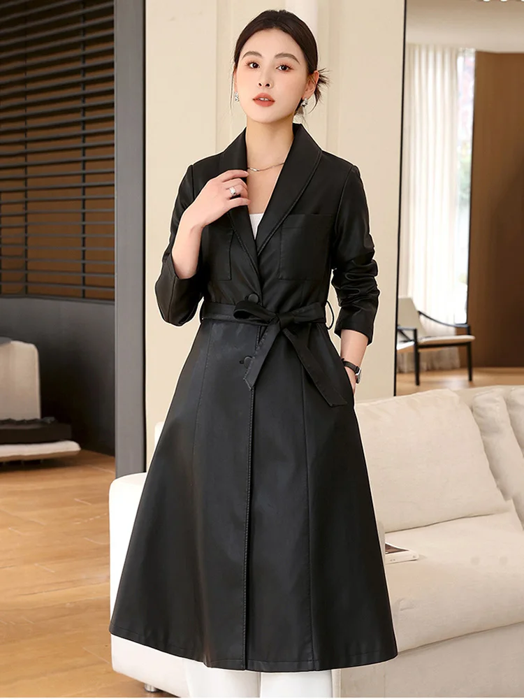 Nouveau manteau en cuir pour femmes printemps automne Manteau en peau de mouton mince à col rabattu et à simple boutonnage Cuir fendu Long Trench Coat