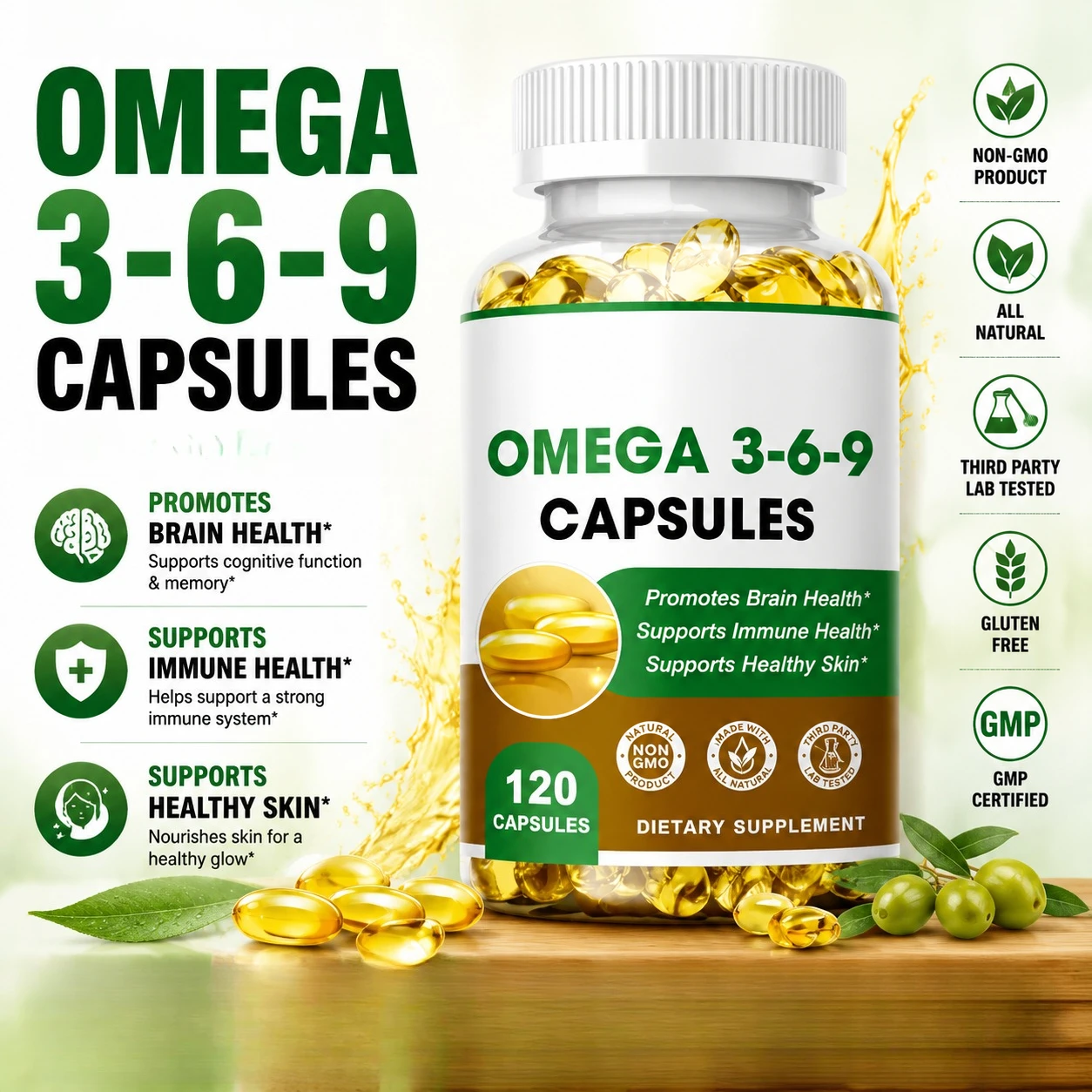 Plant-Based Omega 3-6-9 Capsules Vegan 120 Softgels, Supports Skin, Eye & Overall Health Natural Dietary Supplement