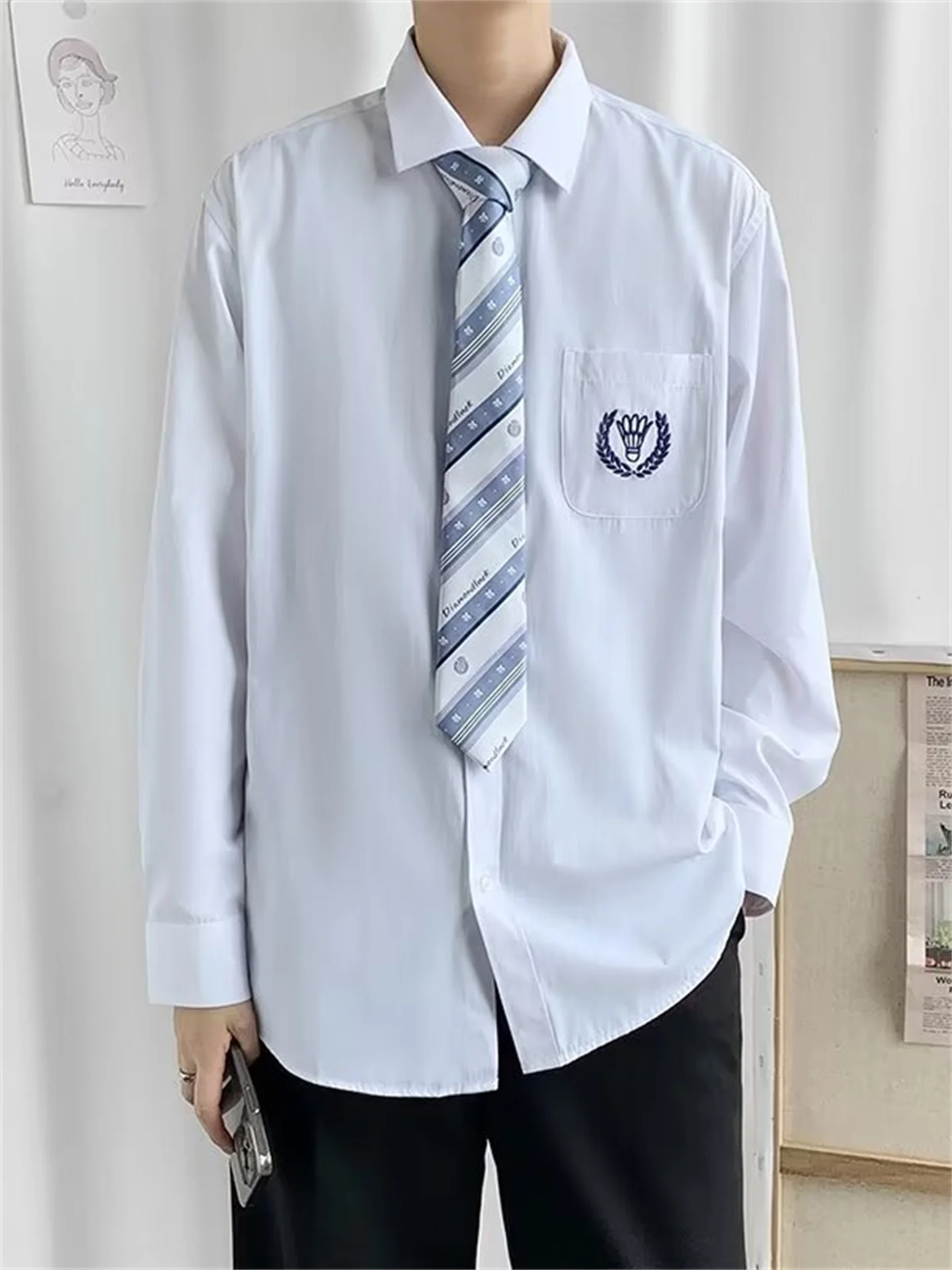 

Loose Fit Long Sve Basic Sle Men's irt Japanese School orm White DK orm Jk Sle Embroidery Retro Class or...