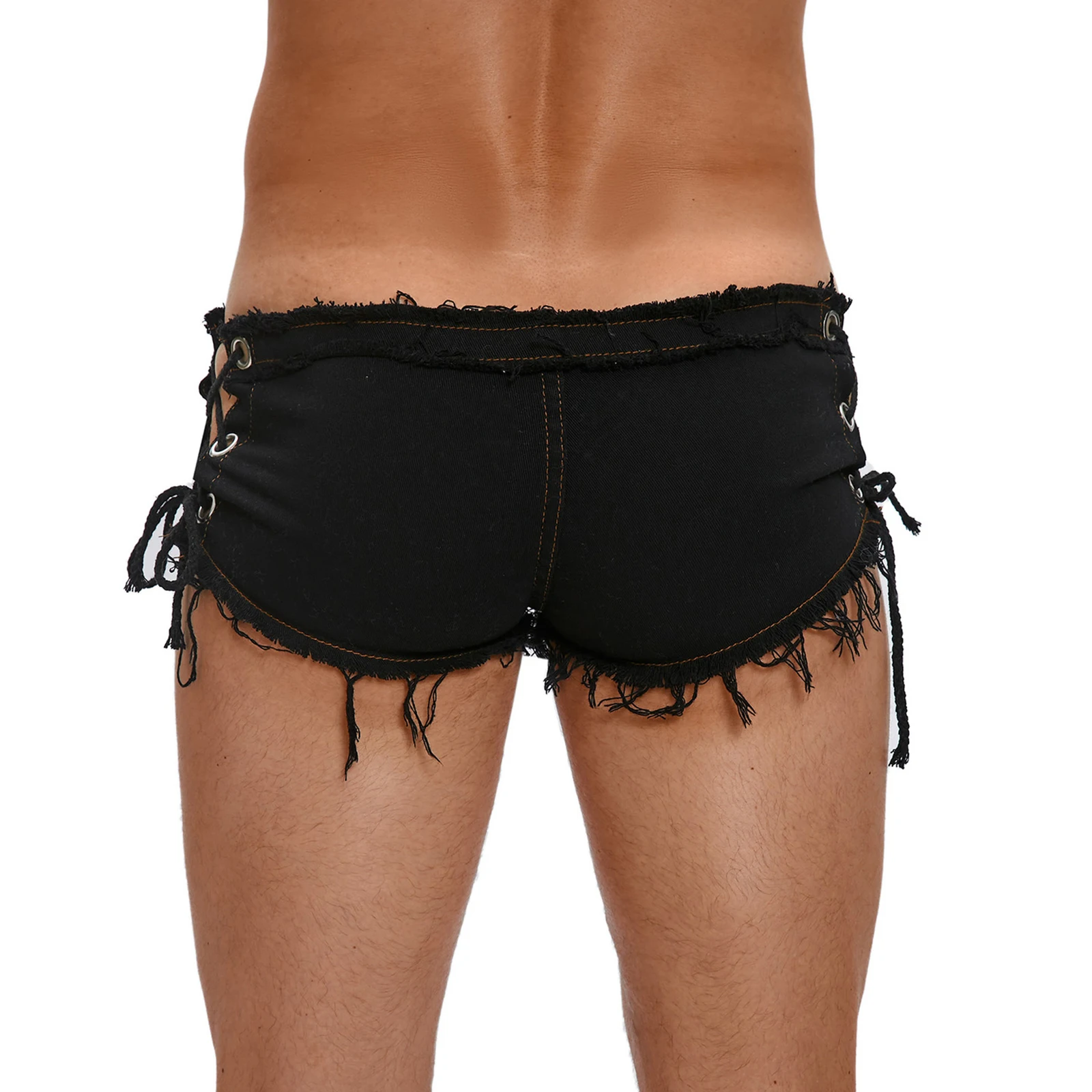 Mens Low Rise Extra Short Hot Pants Raw Edge Ripped Denim Shorts Jeans Shorts with Sides Lace-up Booty for Nightclub Dance Wear view 3
