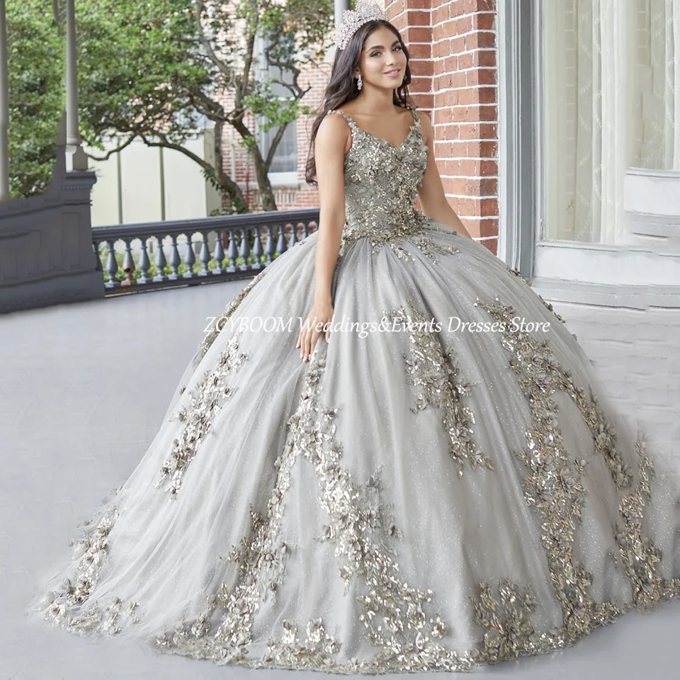 Elegante rosa cinta de espaguete sem costas flores apliques quinceanera vestido 2025 vestido de baile até o chão trem varredura vestido de baile