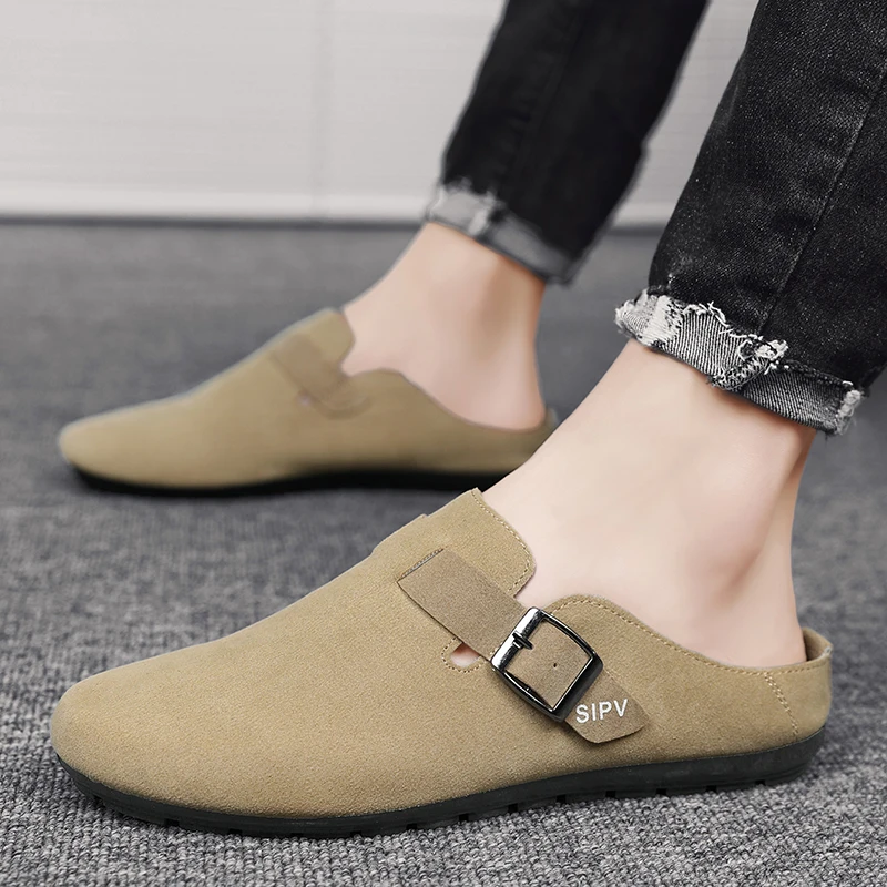 Summer Light Khaki Half Shoes For Men Dress Shoes Mules Man Slides Leather Casual Shoes Backless Loafers Slippers Flats Sandals