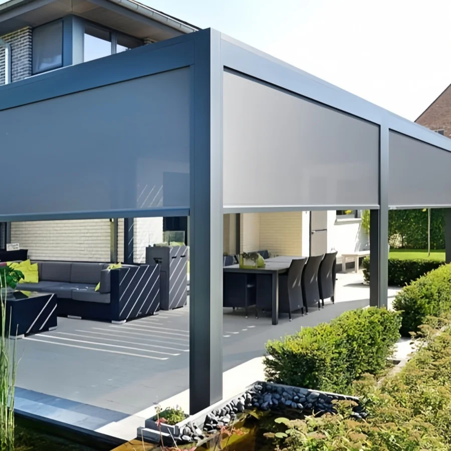 Aluminum Roof Pergola Motorized Outdoor Blinds Windproof Zip Screen Waterproof and UV Protection Curtains Sun Screen Blinds