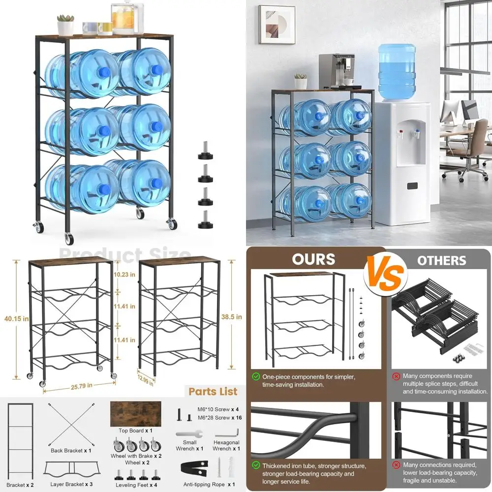

Стеллаж для 5-галлонных канистр с водой, усиленный, с 6-ярусным хранением и верхней полкой, передвижная подставка для кухни и офиса, коричневый