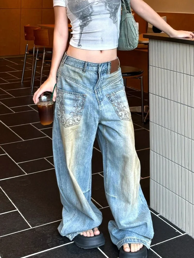 2025 American Retro Y2K Style Dirty Washed Blue Baggy Women's Jeans Pants Straight Woman Clothing Denim Trousers Pantalon Femme