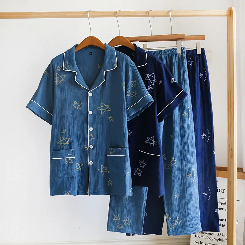 Men's Trousers Pajamas Set for Spring and Summer Thin Design Cotton Fabric Short Sleeved Long Pants Home Men Pyjama Set