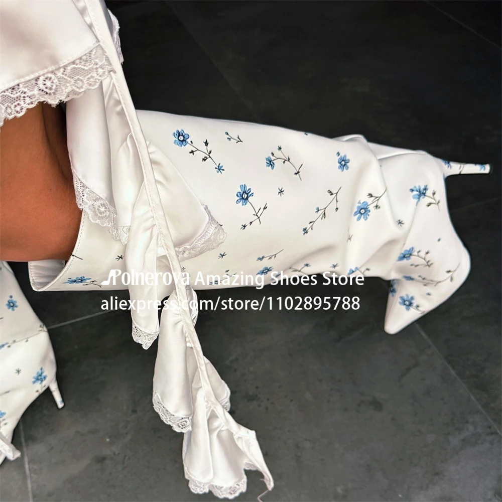 

Blue Flower Print White Knee Boots Designer Style Pointed Toe Stiletto Boots Slip on Handmade Boots Women Elegant Banquet Boots