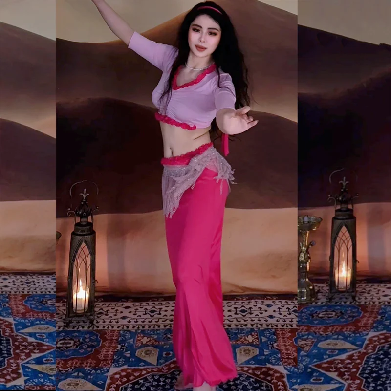 Nuovo costume da performance di danza del ventre da donna con scollo a V mezza manica + gonna lunga sexy a coda di pesce 2 pezzi vestito da pratica di danza orientale per adulti
