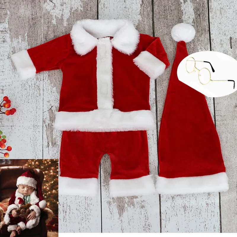ชุดถ่ายภาพคริสต์มาสสำหรับทารกแรกเกิด ชุดซานตาคลอส - ชุดเด็กผู้ชาย 4 ชิ้น พร้อมหมวกสำหรับถ่ายภาพในวันหยุด, ชุดถ่ายภาพสำหรับทารกแรกเกิด