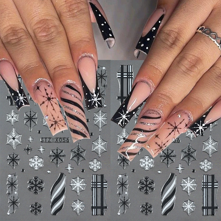 2 uds copo de nieve pegatinas navideñas para decoración de uñas negro blanco copo de nieve y líneas deslizadores de uñas de Navidad suministros de decoración de manicura DIY