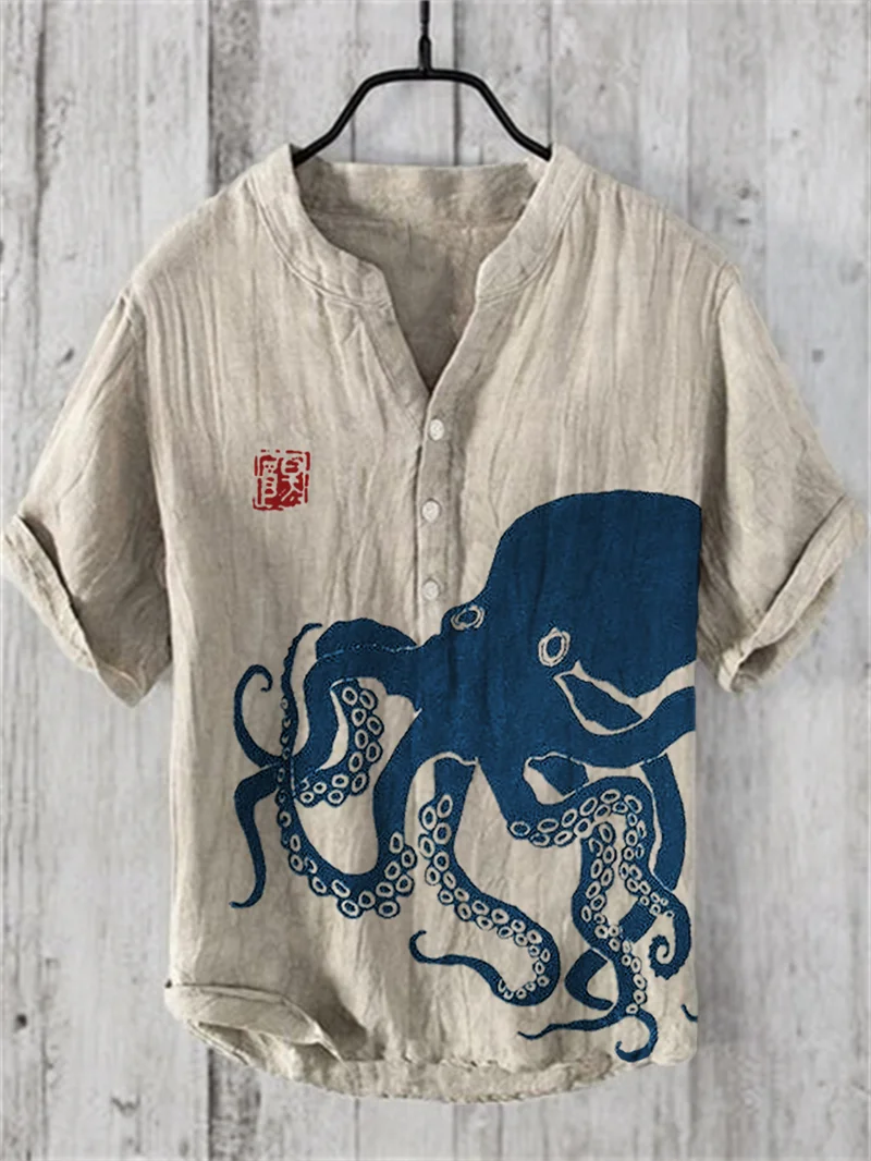 Popular Octopus Short Sleeve Men's Shirt Stand Collar Linen Men's/Women's Shirts Hawaiian Shirts Men's Resort Shirts