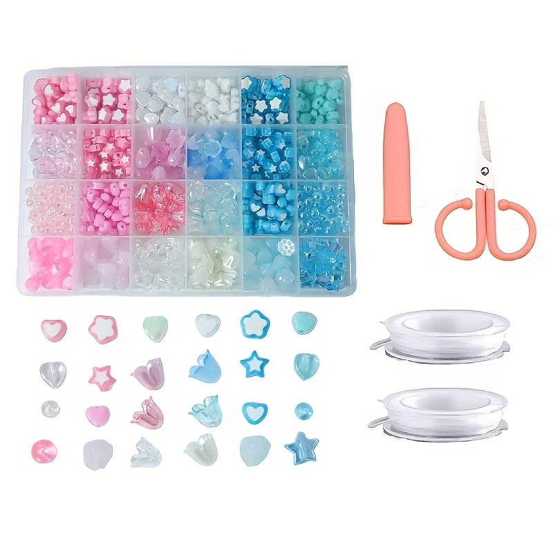 24 Grid Blue Pink Multi Bead Set with Two Rolls of Bead String and Scissors for Birthday Gift, Bracelet Necklace Decoration