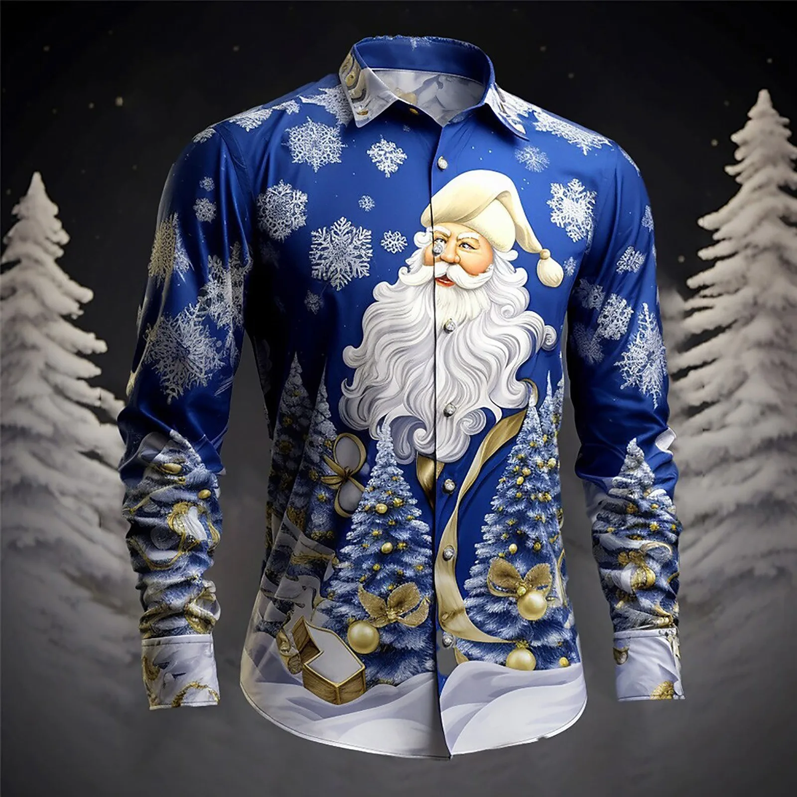 2025 Novo modelo de impressão 3D Papai Noel padrão outono inverno colar moda manga longa confortável botão camisa masculina