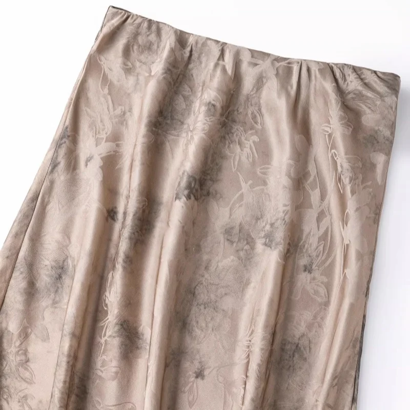 Birdtree, 100% Real Silk Jacquard Skirt, Bias-cut, Women Satin Elegant Fishtail Skirts, Elastic Waist, 2026 Summer New D64520JF