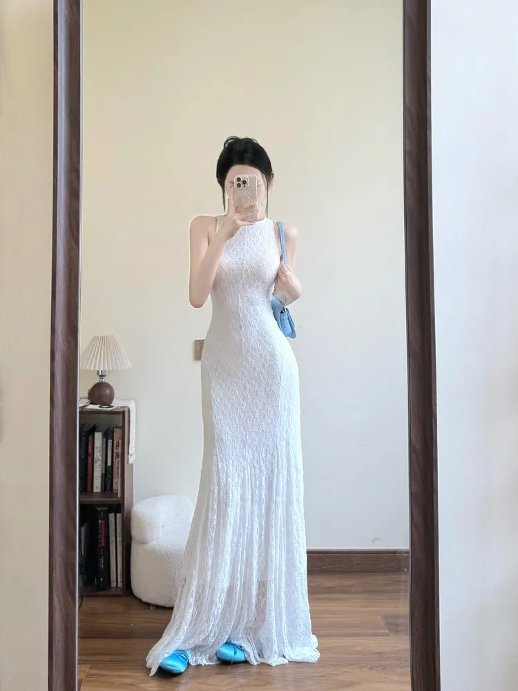 

Romantic round Ne Hollow out Lace White Dr Women's Summer Draped Slimming Svel Long Skirt Korean Sle High Waist