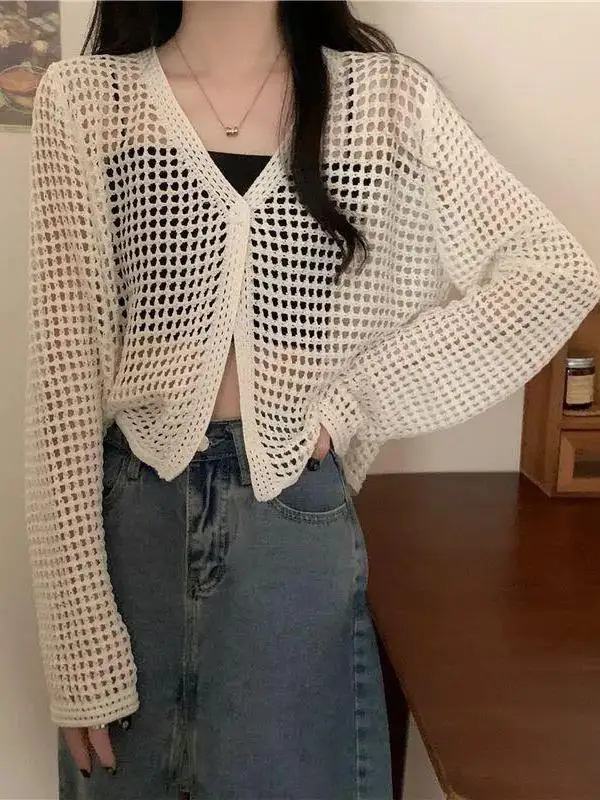Women's Light Knitted Open Cardigan Sun Protection Hollow Design Summer New Style Air Conditioning Knitted Cover up Top