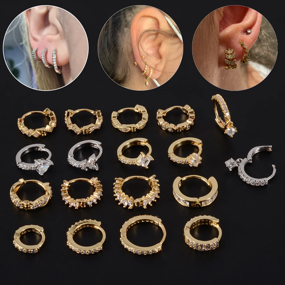 Boucle d'oreille plaquée or et argent, 1 pièce, boucle d'oreille, Cartilage, Helix, Piercing, bijoux, étoile en Zircon, feuille ronde, anneau de cerceau