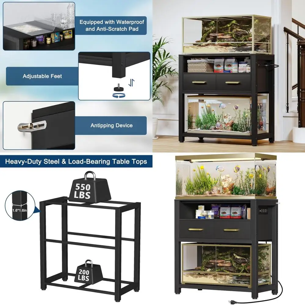 

Heavy-Duty Metal Aquarium Stand, 20-29 Gallon Capacity, Waterproof Mat, Power Outlet, 2 Drawers, Black