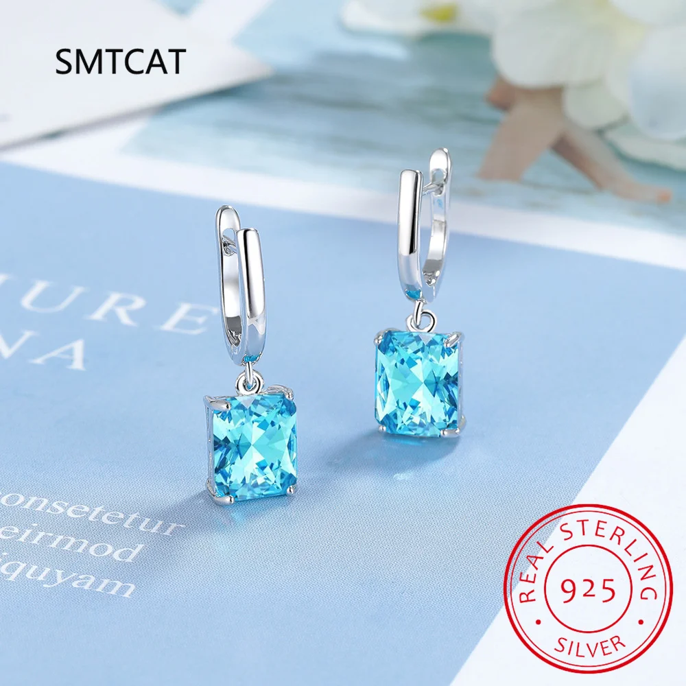 Total 1.73ct Cushion Natural Sky Blue Topaz Dangle Drop Earrings 925 Sterling Silver for Women Gemstone Fine Daily Jewelry