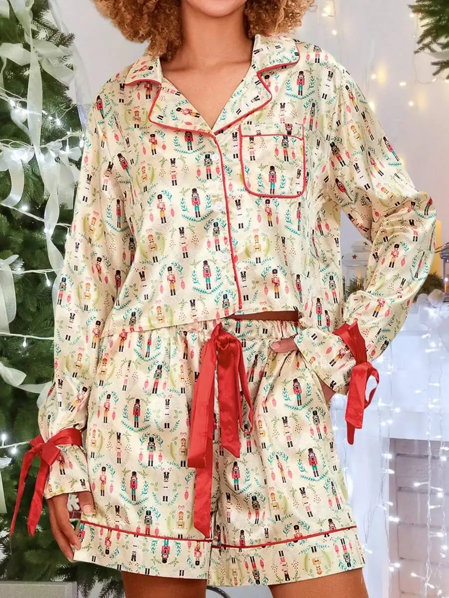 Women Christmas Pajama Set Long Sleeve Button Down Shirt And Shorts With Nutcracker Print Holiday Sleepwear