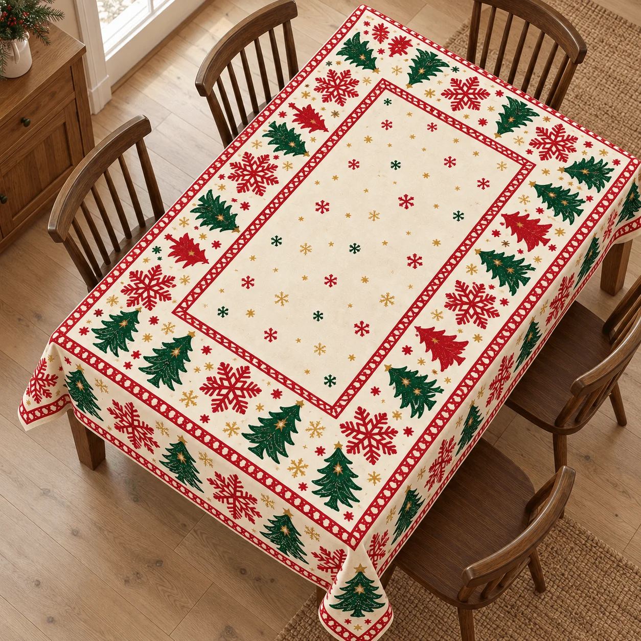 1 square tablecloth on a creamy white background with red and green Christmas tree, snowflake and gold star print