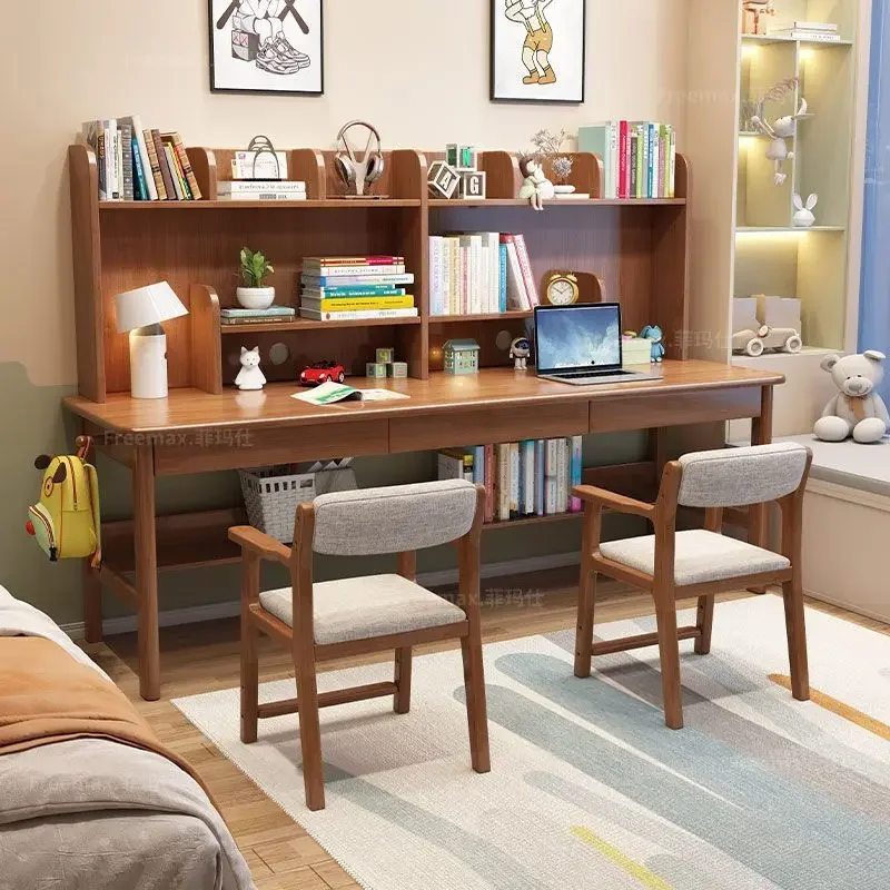

Деревянный двухместный письменный стол со встроенной книжной полкой, комбинированный стол для нескольких человек, домашний компьютерный стол