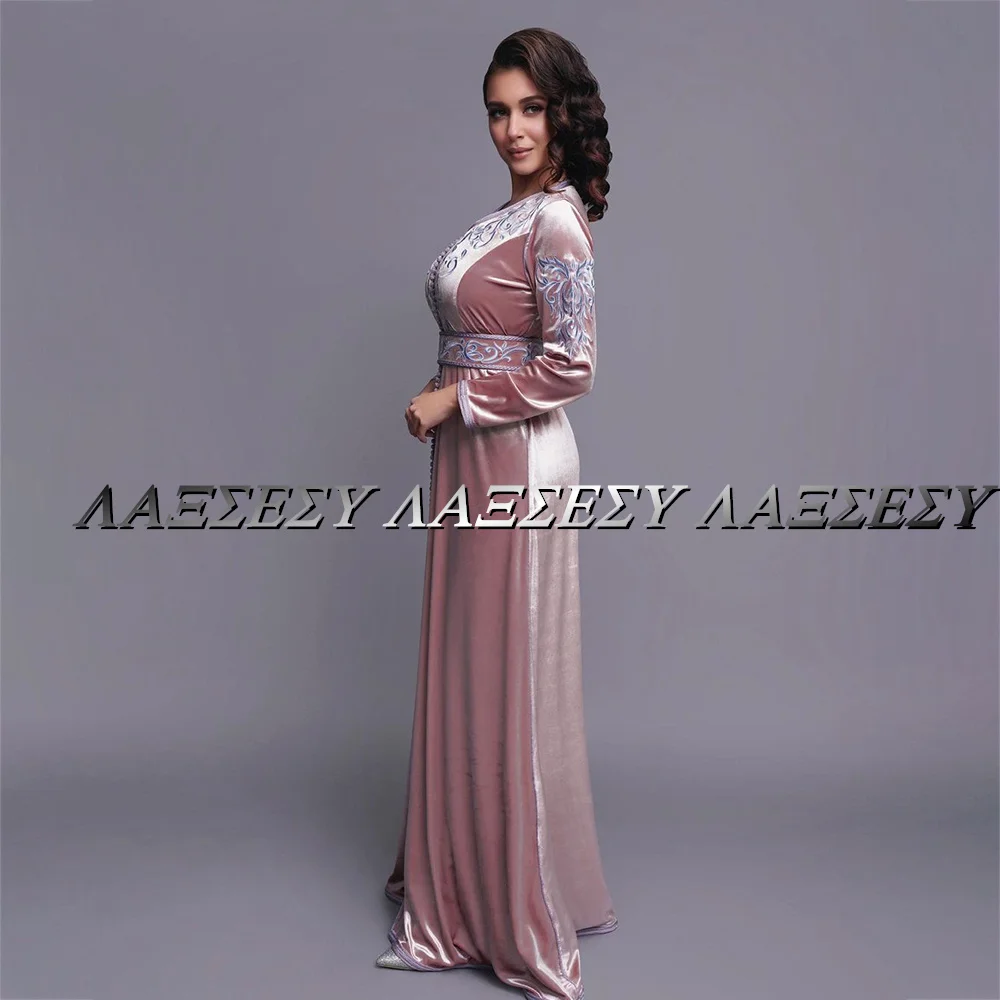 Laxsesu V-Neck Pink Evening Dresses Long Sleeves Moroccan Caftan Saudi Arabia Prom Dresses 2022 Appliques Prom Gowns Custom Made