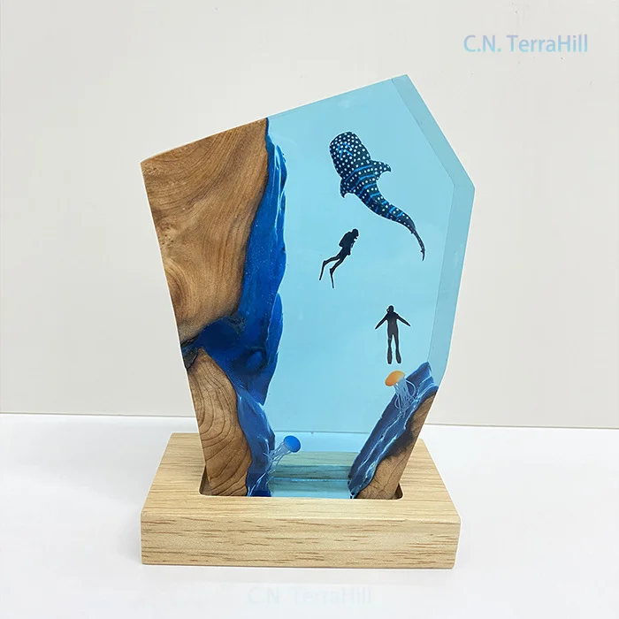 Handcrafted Wood Resin Ocean Whale Shark Diver Art Figurine Night Light Home Decor Ambient Lamp Gift