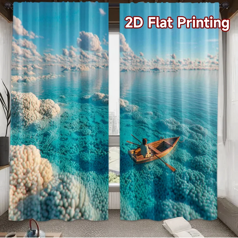 Ocean Coral Reef Curtain, Blue Sea Boat Window Drape, Tropical Beach Blackout Panel, Living Room Bedroom Home Decor