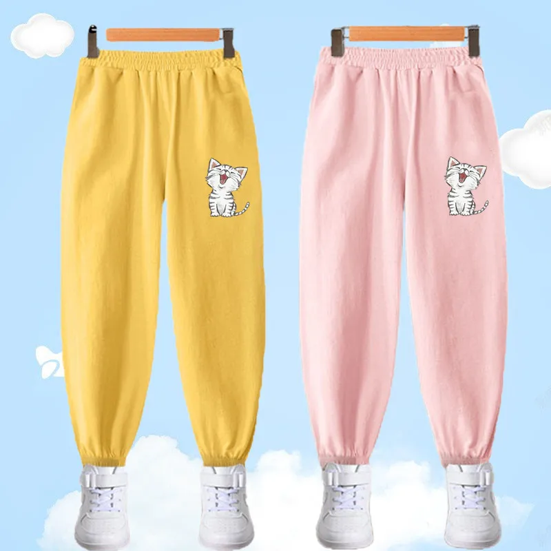 Children\'s Cute Cat Print Anti-mosquito Pants Summer Girls Cotton Thin Trousers Candy Sports Pants Baby Bloomers Tracksuit