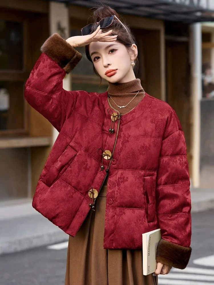Vintage Printed Down Jacket Warm Winter Women Fur Patchwork White Duck Down Coat Single-breasted Short Top Long-sleeved Clothing