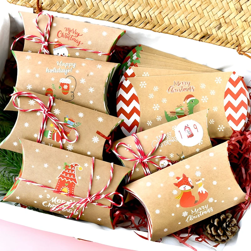 

24pcs Christmas Kraft Paper Boxes Pillow Shape Candy Cookie Packing Box Santa Claus Snowman Favor Case Party Decoration Supplies