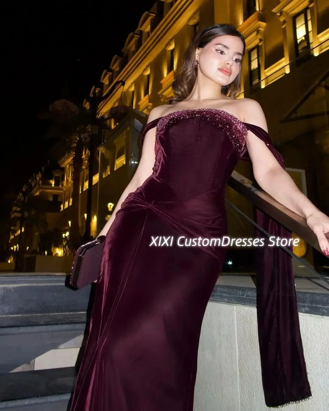 

Customized Luxury Evening Dresses Mermaid Off-The-Shoulder Neckline Floor-Length Beadings Zipper Up Sleeveless Lining Elegant