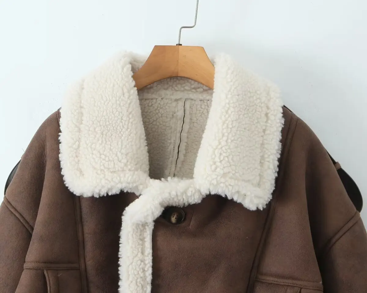 Dave&Di Nordic Minimalistyczna Jesienno-Zimowa Kurtka Damska Zamszowa Luźna Kurtka Zimowa Płaszcz Zamszowy Luźny Płaszcz Damski ze Skóry Jagnięcej