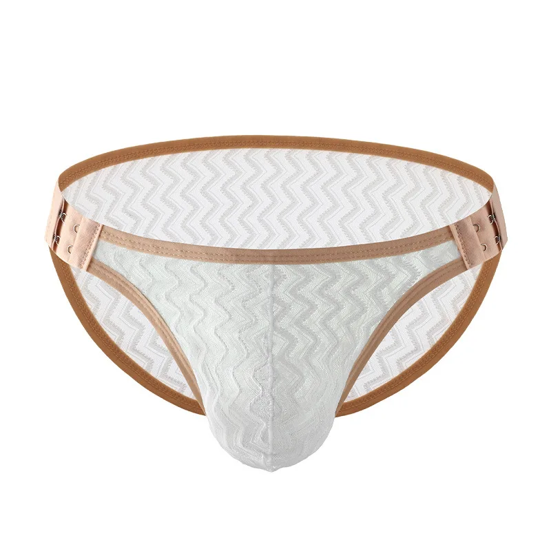 رجل ملخصات حزام رياضي قابل للتعديل الدانتيل شفافة مفتوحة زر سراويل التجفيف السريع U محدب الملابس الداخلية منخفضة الخصر السروال