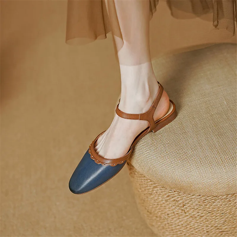 2023 NEW Summer Women Sandals Genuine Leather Chunky Heel Shoes Round Toe Low Heel Shoes for Women Cow Leather Shoes Handmade