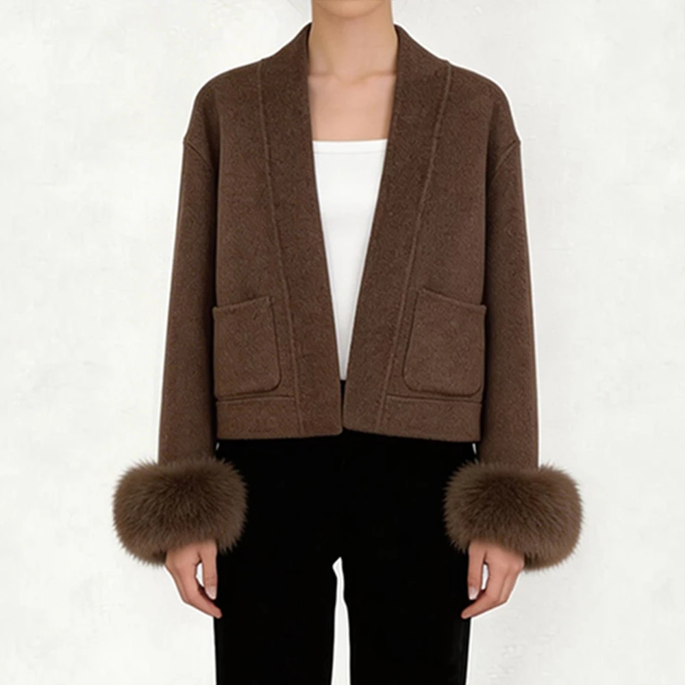 OFTBUY Elegante Warme Oberbekleidung Damen Luxus Doppelseitiger Wollmantel Winter Offene Fronttasche Echte Fuchspelz-Manschetten Wollmantel – Detail 4
