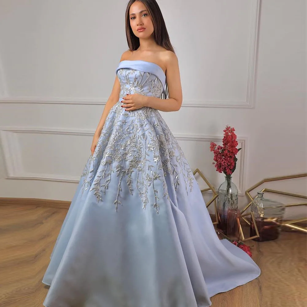 Customized Exquisite Prom Gown For Women Strapless A-line Appliques Floor-Length Sweep Train Evening Party Dresses فس