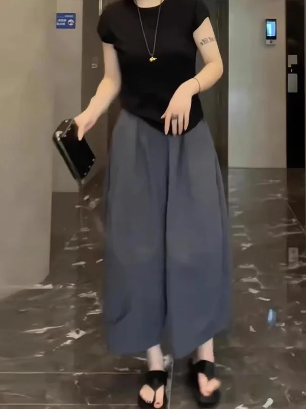 

Драпированные свободные повседневные брюки с высокой талией, женские большие размеры, модные утягивающие широкие брюки с мясным покрытием, летние брюки