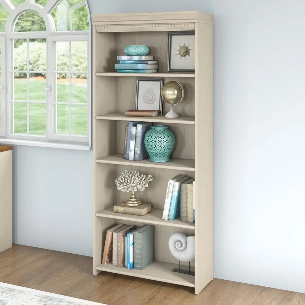 5 bookshelves with 3 adjustable storage racks for office or home, 30W x 12D x 69H, antique white