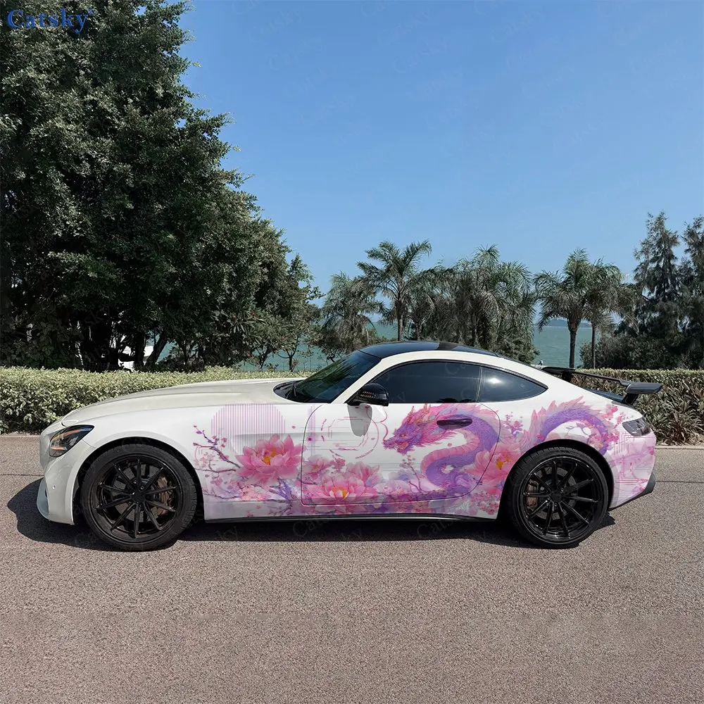 2pcs Pink Purple Swimming Dragon & Lotus Car Side Wrap, Self-Adhesive PVC Waterproof & Scratch-Resistant Stickers, Car Accessory