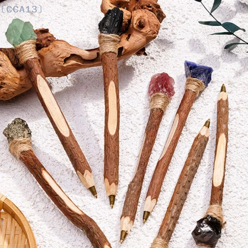 Handmade Natural Stone Wooden Ballpoint Pen Vintage Rough Crystal Writing Pen Decorative Stationery for Student Desk Decor