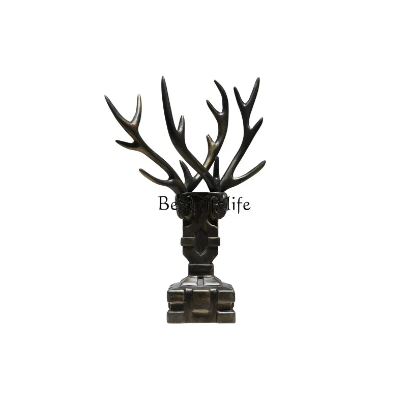Creative solid wood antlers sculpture artwork porch decoration ornament front desk wood carving decoration