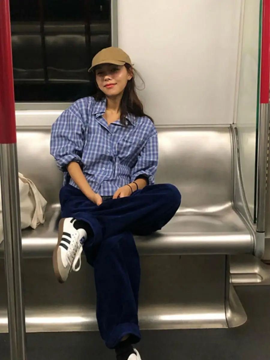 

High Quali Plaid Casual Loose Couples irt Thebarnnet Blue Cheered Collar Long Sve Women's Premium Version