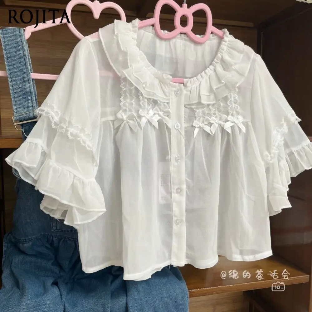 

Sweet Lolita Chiffon Blouse with Ruffle Collar Loose Cardigan Flying Sleeves Summer Chiffon Shirt Lolita Shawl Outside