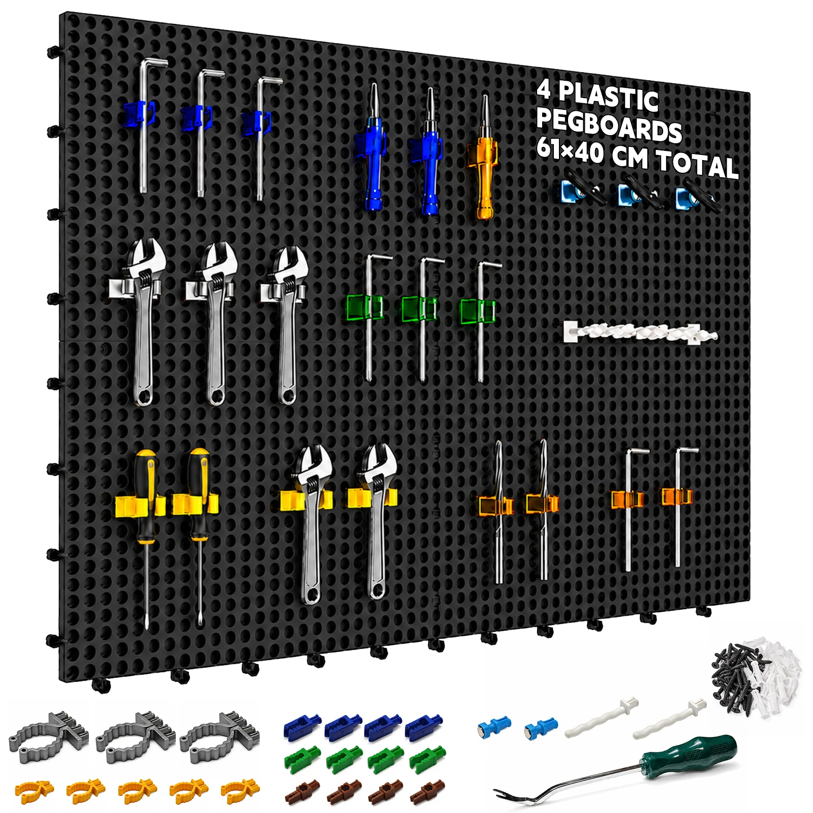 kit-organizador-de-pared-con-paneles-perforados-de-plastico-4-paneles-negros-de-61-x-40-cm-56-accesorios-con-ganchos-clips-y-soportes-almacenamiento-modular-de-herramientas