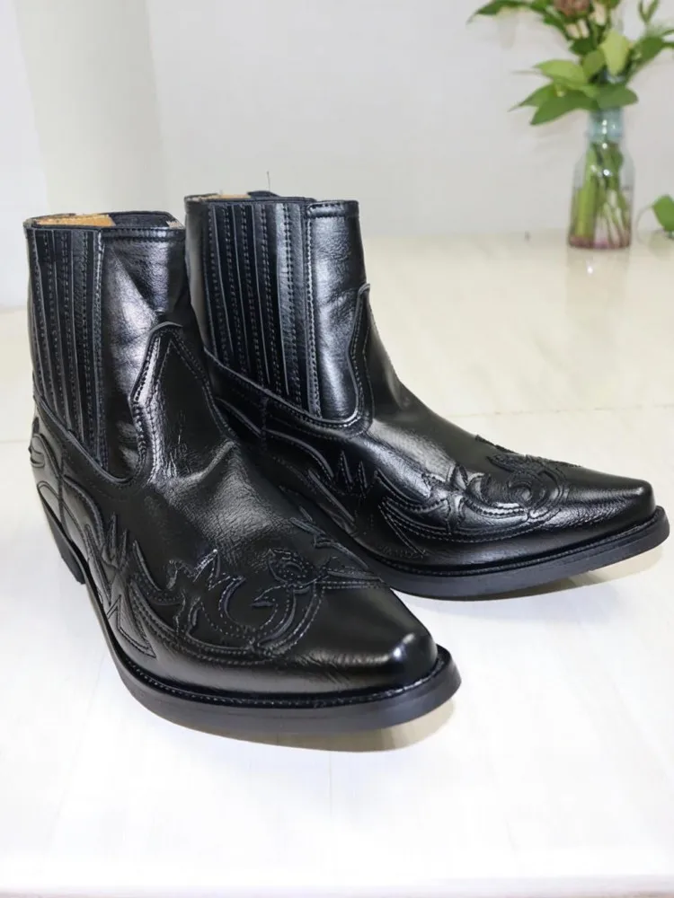 Mens Boots Vintage Pointed Toe Punk Pu Leather Motorcycle Shoes Embroidery Slip On New Design Lovers Cowboy Chelsea Short Boots