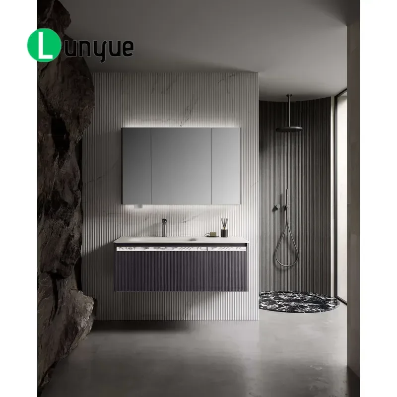 Modern Wall Mounted Stone Basin Bathroom Sink with LED Mirror Water Saving Easy to Clean Paint Finish Simple Design for Home